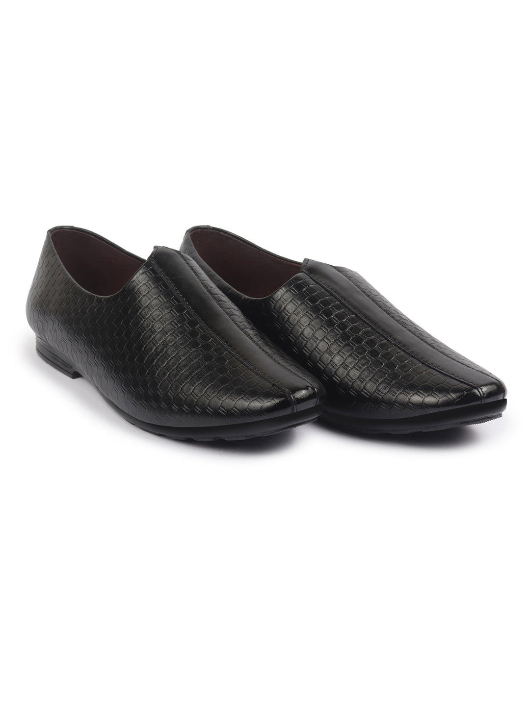 Shop Basics Men Black Embossed Design Ethnic Slip On Juttis and Mojaris Online.