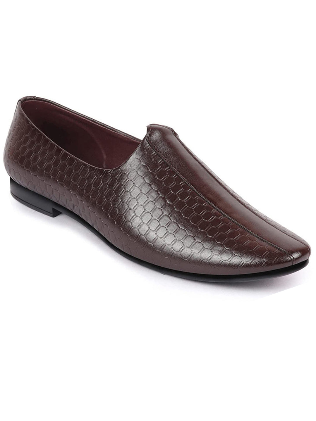 Shop Basics Men Brown Embossed Design Ethnic Slip On Juttis and Mojaris Online.