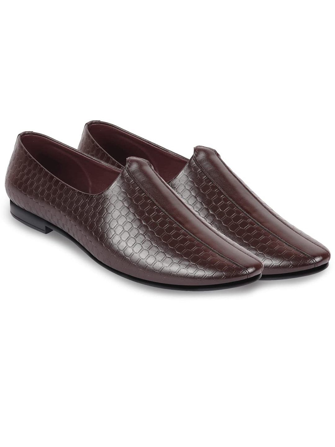Shop Basics Men Brown Embossed Design Ethnic Slip On Juttis and Mojaris Online.