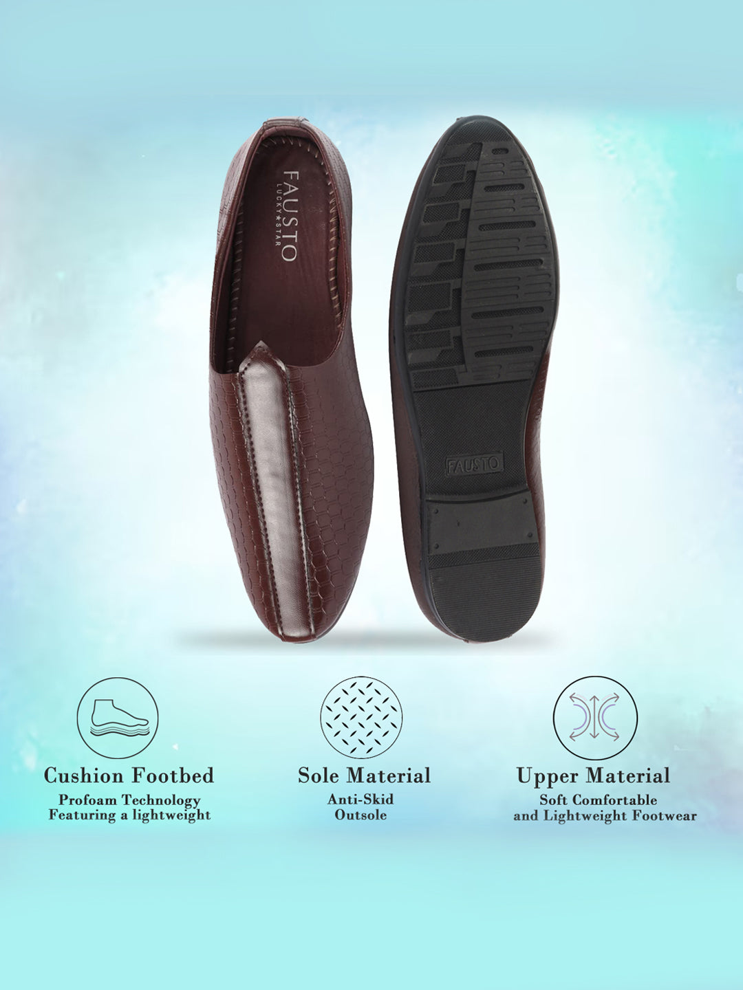 Shop Basics Men Brown Embossed Design Ethnic Slip On Juttis and Mojaris Online.