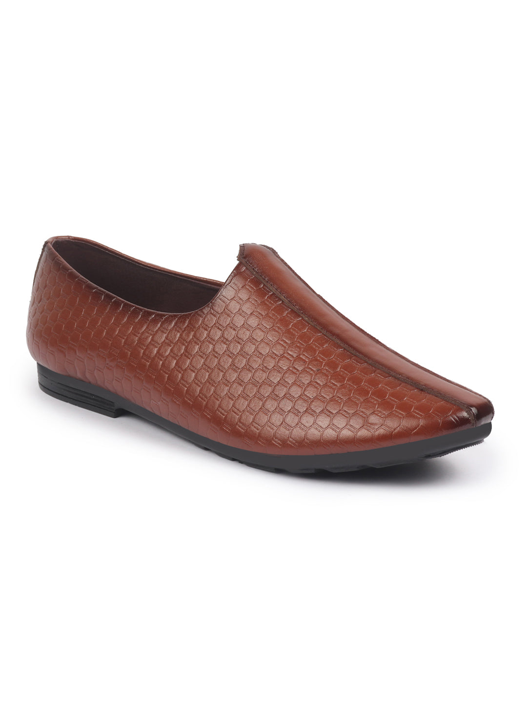 Shop Basics Men Tan Embossed Design Ethnic Slip On Juttis and Mojaris Online.