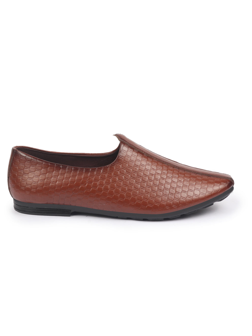 Shop Basics Men Tan Embossed Design Ethnic Slip On Juttis and Mojaris Online.