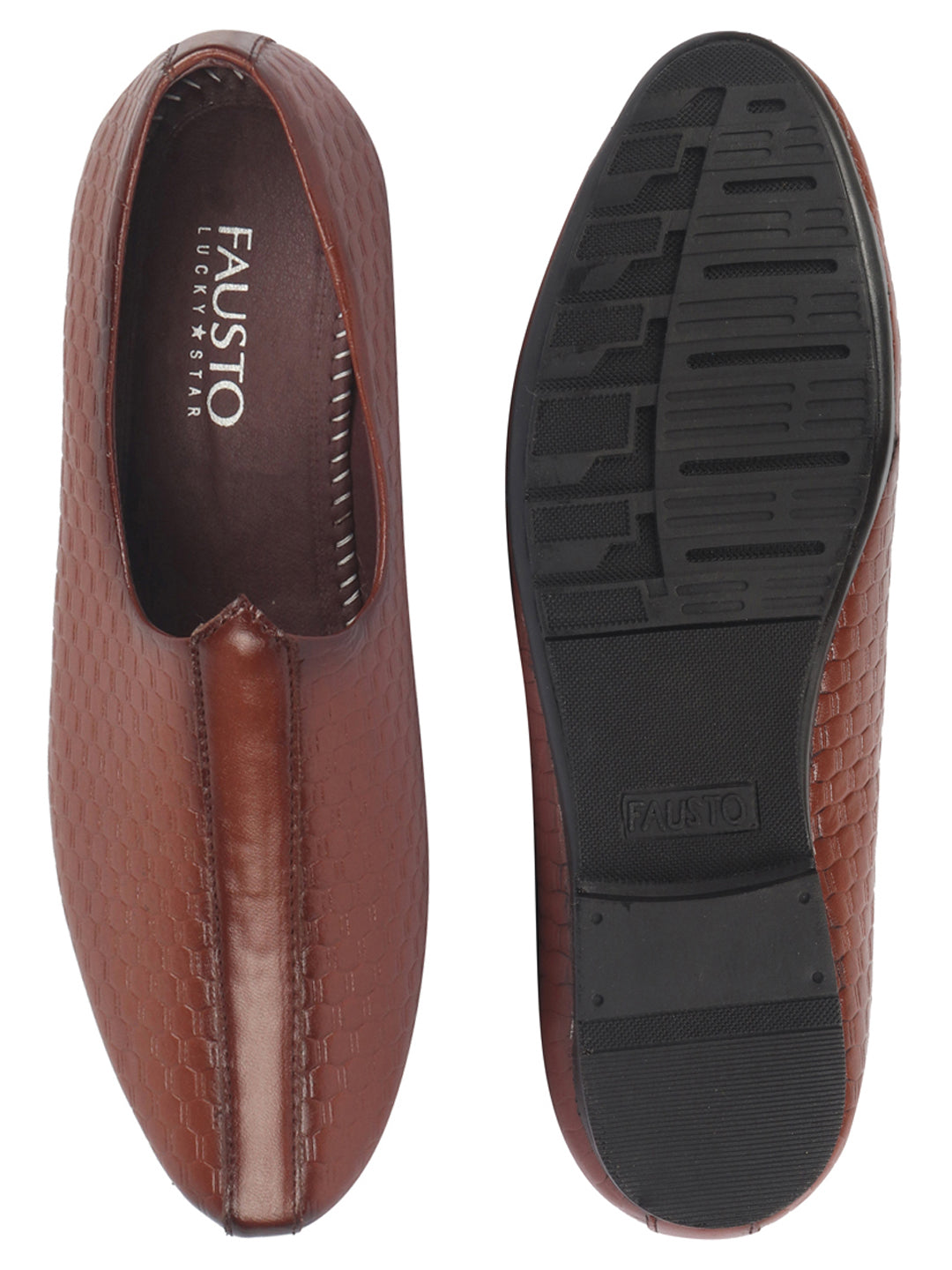 Shop Basics Men Tan Embossed Design Ethnic Slip On Juttis and Mojaris Online.