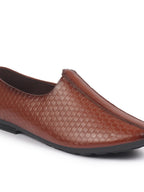 Shop Basics Men Tan Embossed Design Ethnic Slip On Juttis and Mojaris Online.