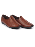 Shop Basics Men Tan Embossed Design Ethnic Slip On Juttis and Mojaris Online.