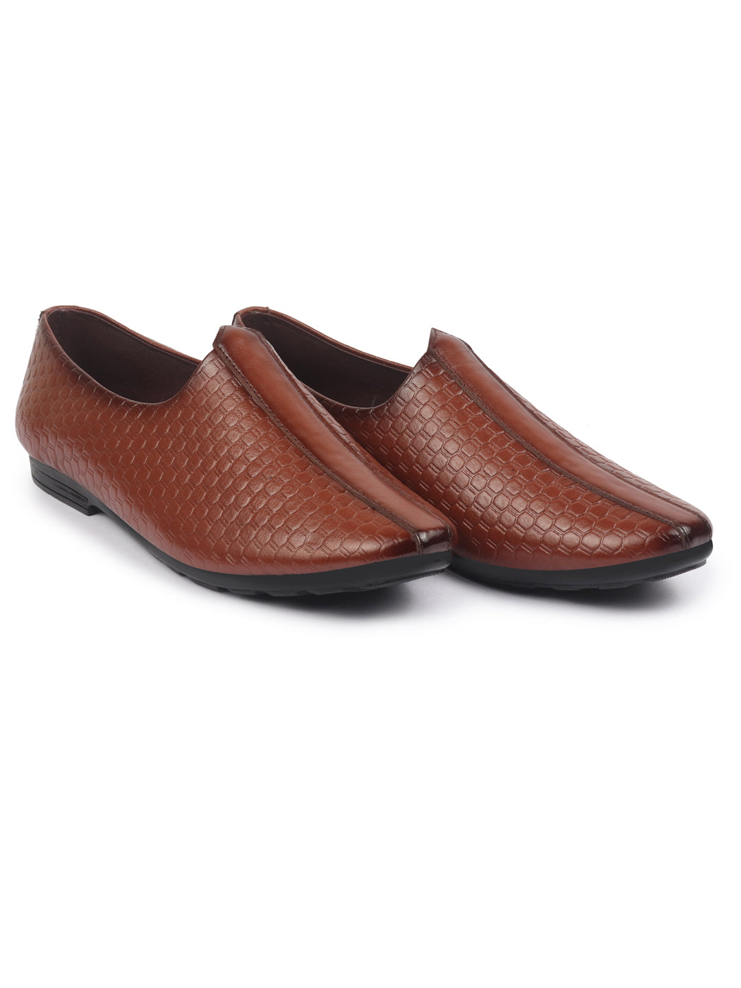 Shop Basics Men Tan Embossed Design Ethnic Slip On Juttis and Mojaris Online.