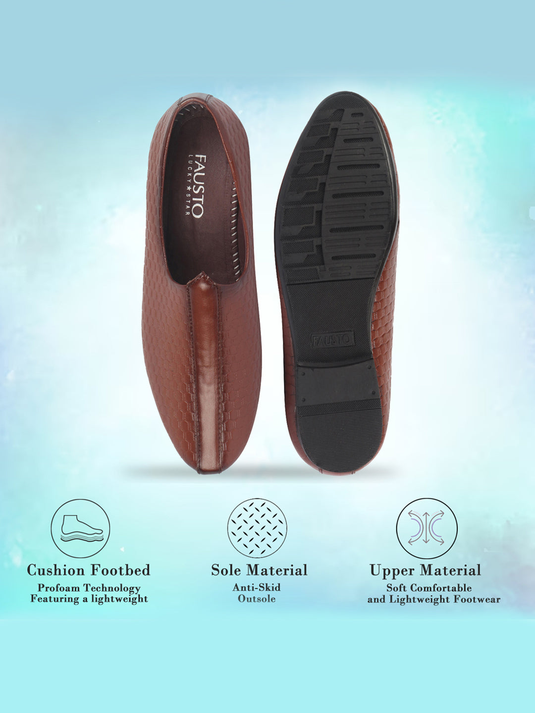 Shop Basics Men Tan Embossed Design Ethnic Slip On Juttis and Mojaris Online.