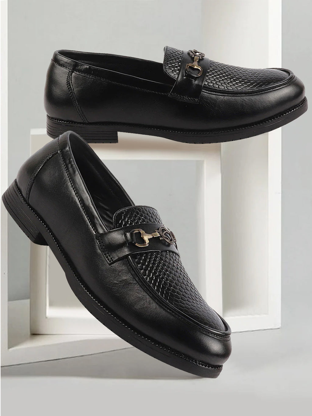 Shop Men Black Wedding Party Embossed Design Genuine Leather Buckle Slip On Loafer Shoes Online.