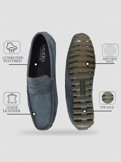 Men Grey Suede Leather Side Stitched Slip On Driving Loafers and Mocassin