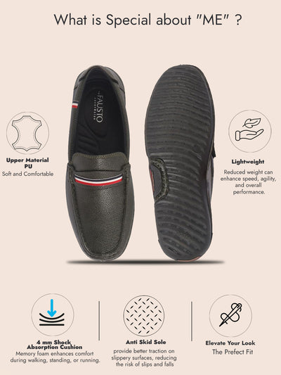 Men Olive Stitched Stripe Design Classic Slip-Ons Loafer with Flexible Slip Resistant Sole|Slip On Shoes|Casual Shoes