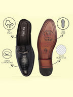 Shop Men Blue Embossed Leopard Print Design with Horsebit Buckle Ethnic Party Back Open Slip On Mules Shoes Online.