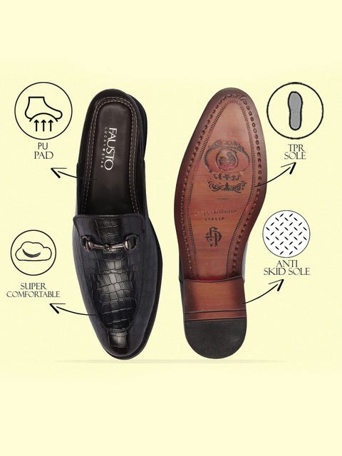 Shop Men Blue Embossed Leopard Print Design with Horsebit Buckle Ethnic Party Back Open Slip On Mules Shoes Online.