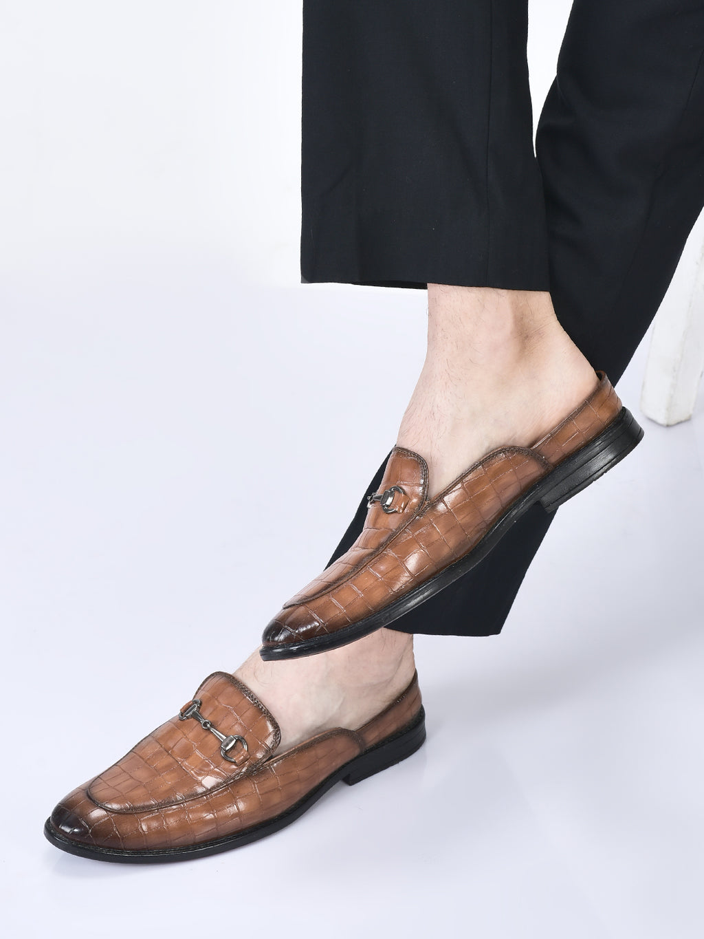 men tan embossed leopard print design with horsebit buckle ethnic party back open slip on mules shoes