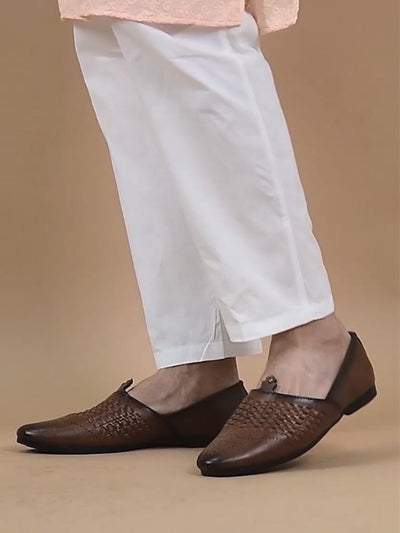 Men Tan Laser Cut Knitted Design Ethnic Wedding Broad Feet Slip On Juttis and Mojaris