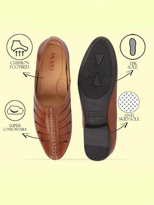 Shop Men Tan Ethnic Wedding Party Laser Cut Design Slip On Juttis and Mojaris Online.
