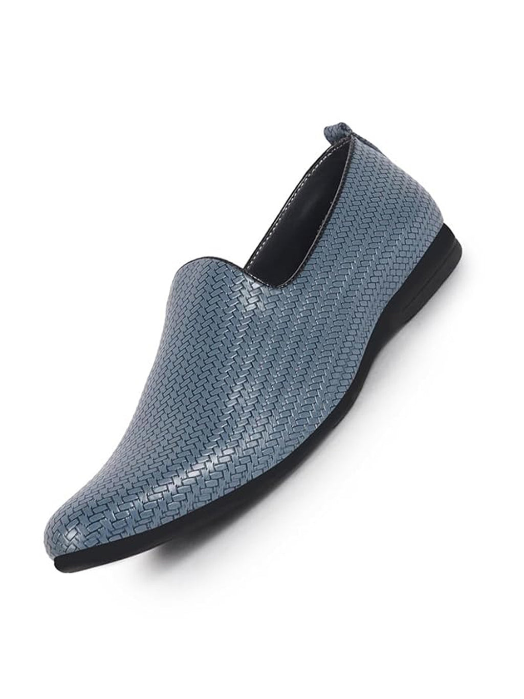 Men Blue Textured Ethnic Round Toe Juttis and Mojaris for Wedding|Festive Slip-On For Kurtas|Traditional Sherwani Shoes