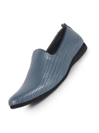 Men Blue Textured Ethnic Round Toe Juttis and Mojaris for Wedding|Festive Slip-On For Kurtas|Traditional Sherwani Shoes