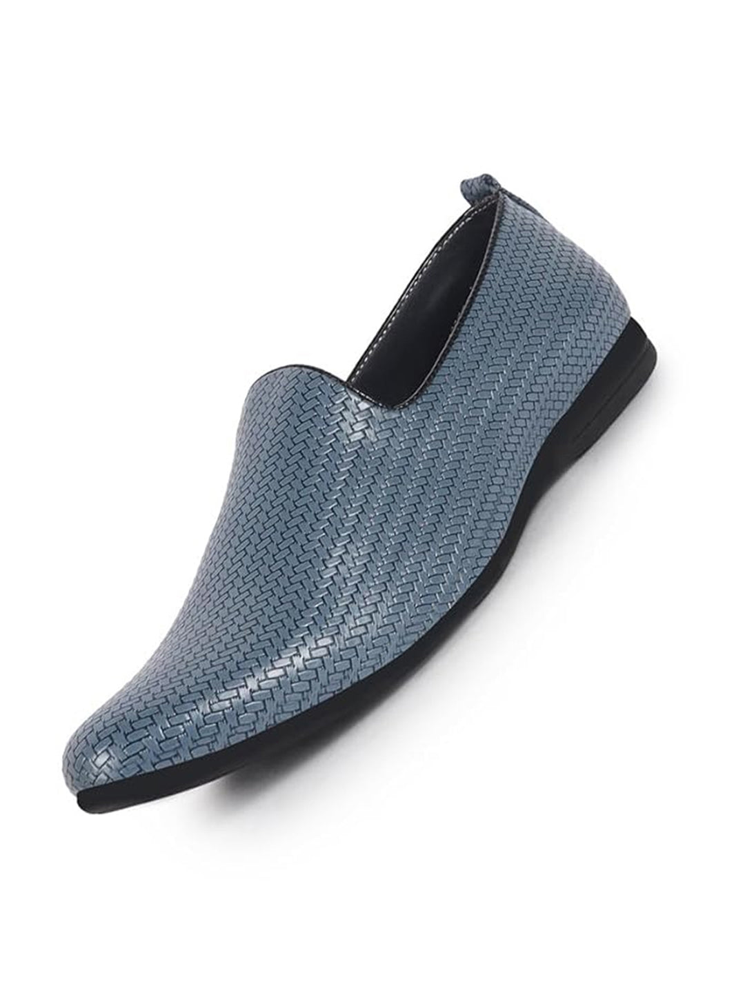 Men Blue Textured Ethnic Round Toe Juttis and Mojaris for Wedding|Festive Slip-On For Kurtas|Traditional Sherwani Shoes