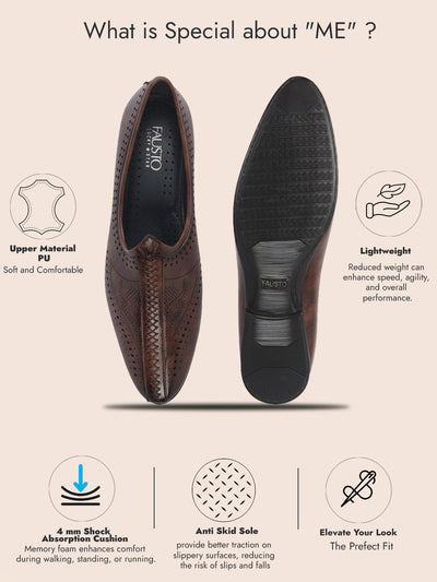 Men Brown Breathable Slip On Ethnic Juttis and Mojaris for Wedding|Party Slip On Evening Shoes|Traditional Striped Mojaris