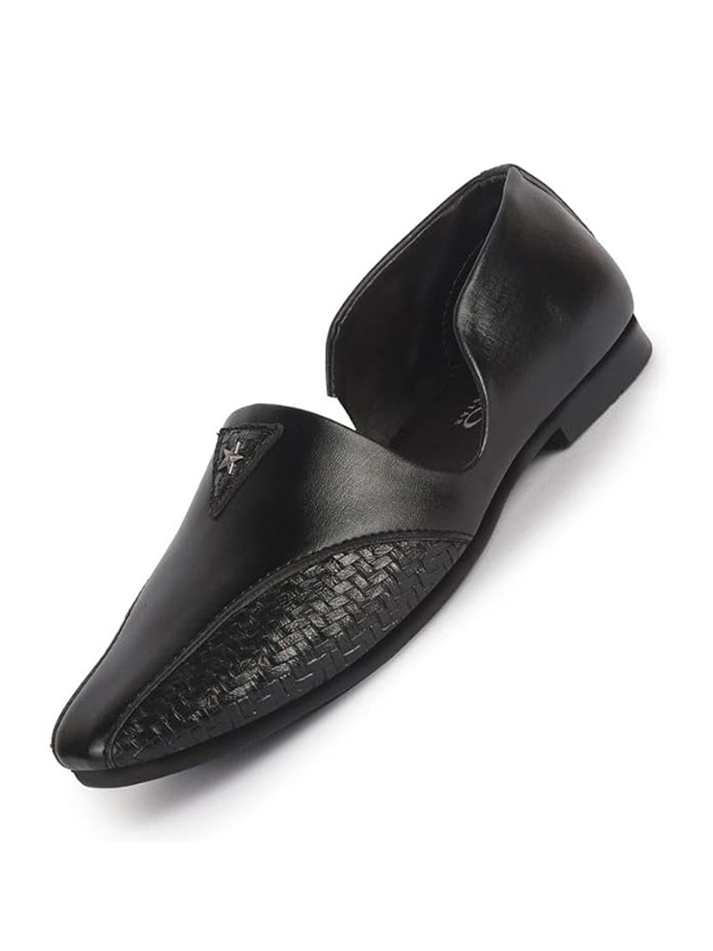 Men Black Stitched Open Sided Broad Feet Ethnic Slip On Juttis and Mojaris for Wedding|Traditional Indian Kurtas Shoes|Flexible TPR Sole with Soft Cushioned Insole