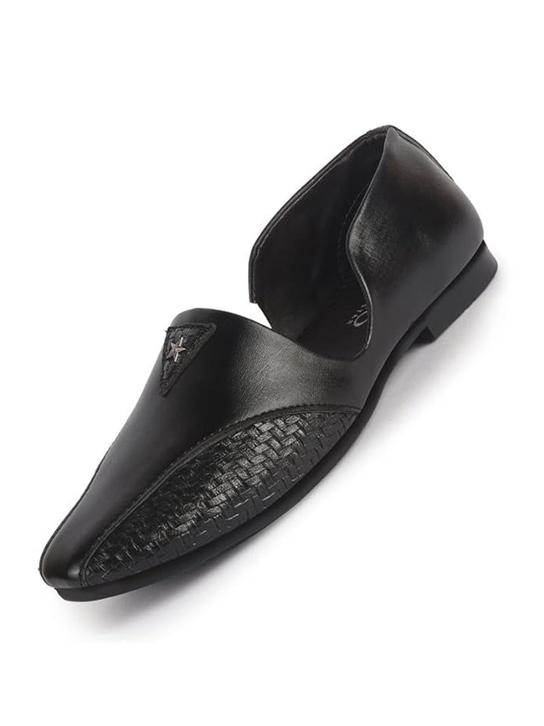 Men Black Stitched Open Sided Broad Feet Ethnic Slip On Juttis and Mojaris for Wedding | Traditional Indian Kurtas Shoes | Flexible TPR Sole with Soft Cushioned Insole