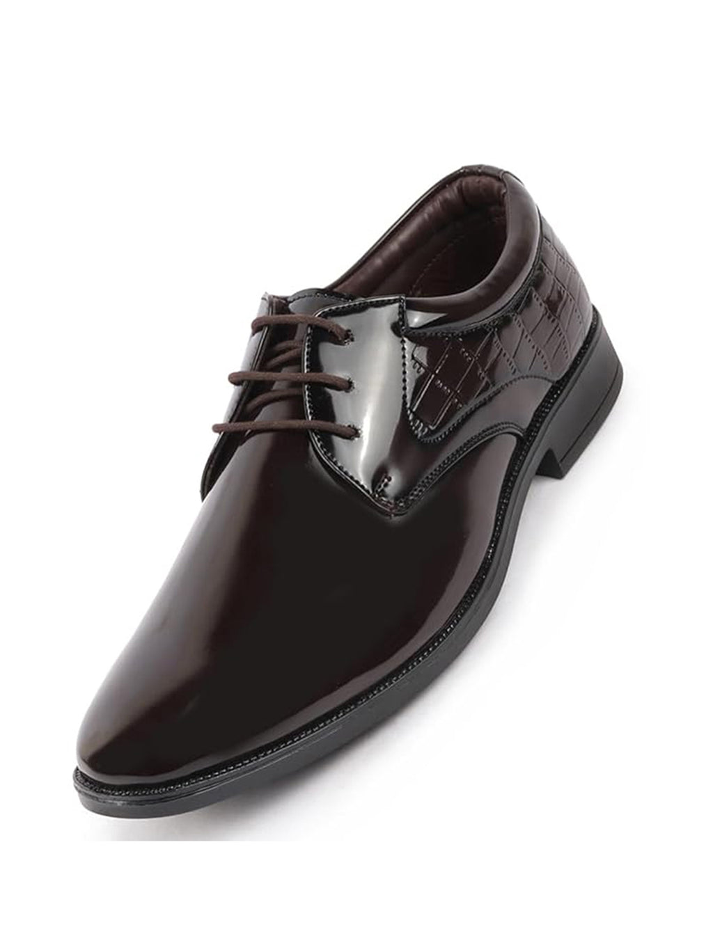 Men Brown Patent Leather Party Formal Embossed Design Office Lace Up Derby Shoes
