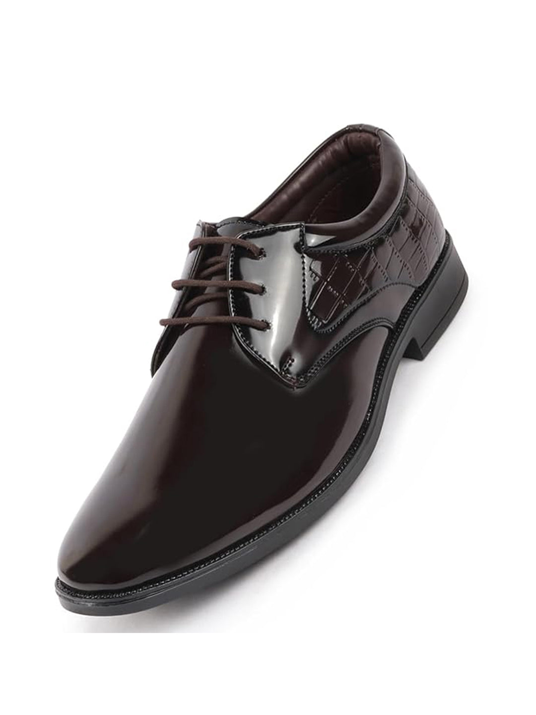 Men Brown Patent Leather Party Formal Embossed Design Office Lace Up Derby Shoes