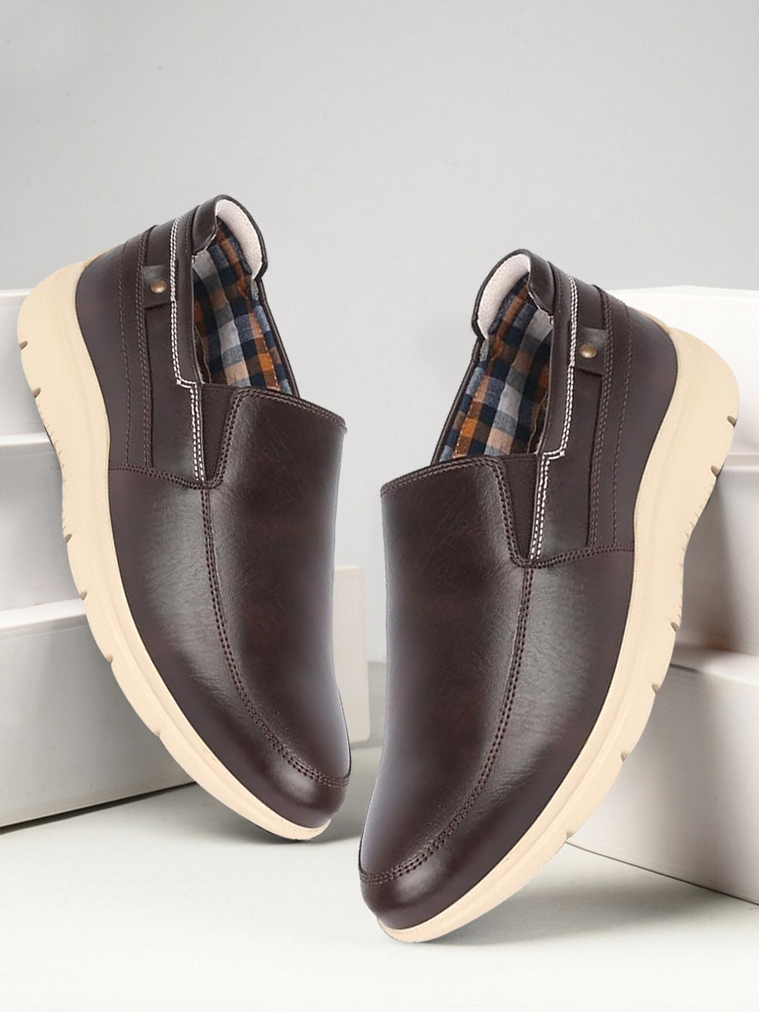 men brown genuine leather feather lightweight eva sole formal office comfort broad feet slip on shoes