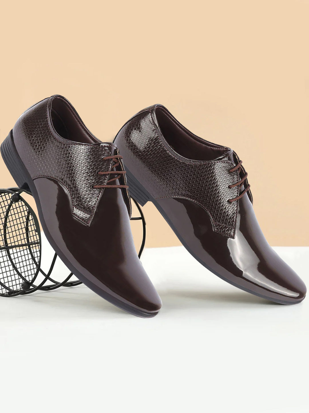 shop men brown patent leather shine textured print pointed toe party wedding lace up derby shoes online.