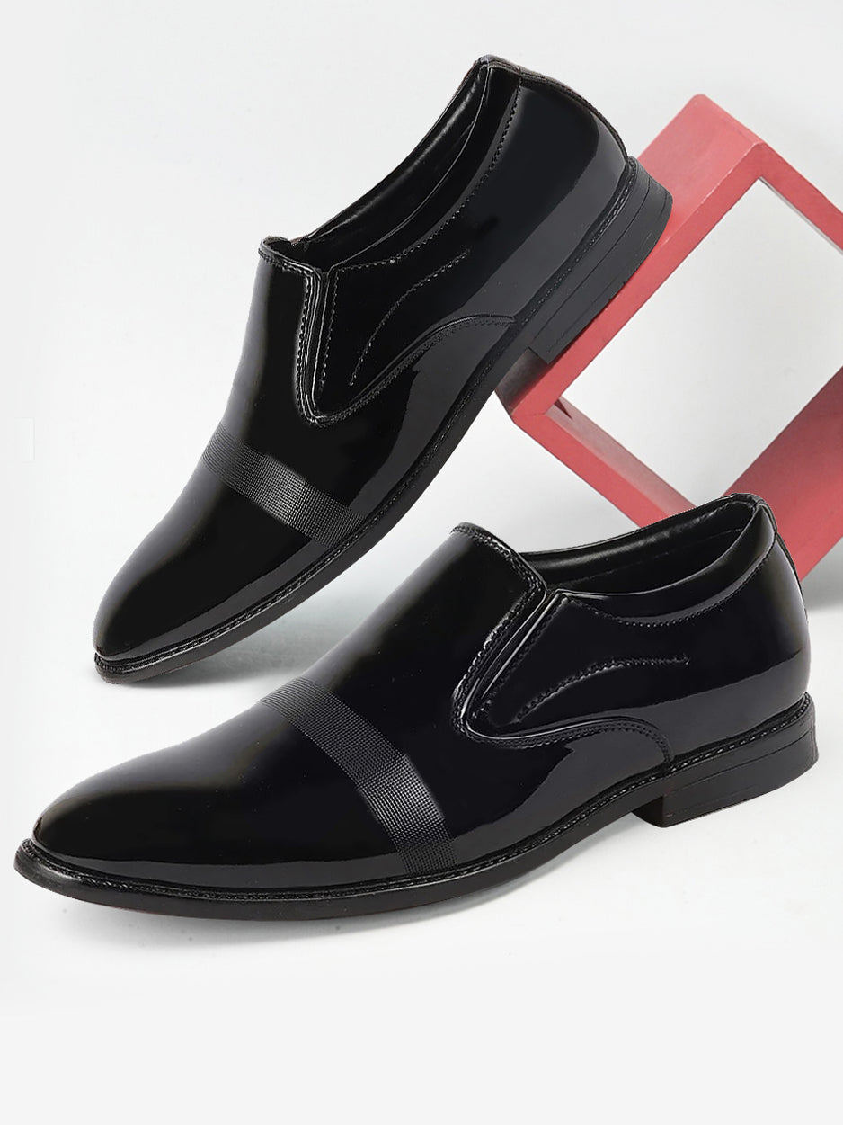 Shop Men Black Patent Leather Party Formal Textured Strip Slip On Shoes Online.