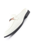 Men White Bow Design Textured Back Open Party Formal Patent Leather Mules Shoes|All Day Long Ethnic Slip On Kurta Shoes for Wedding, Festive|Memory Cushioned Insole