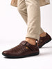 Men Brown Laser Cut and Stitched Design Roman Sandal with Buckle Strap