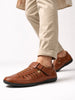 Men Tan Laser Cut and Stitched Design Roman Sandal with Buckle Strap