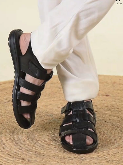 Shop Men Black Genuine Leather Multi Strap Closed Toe Roman Sandals Online