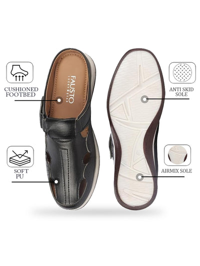 Men Black Casual Back Open Perforated Day Long Comfort Slip On Sandals
