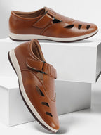 Shop Men Tan Laser Cut Design Perforated Day Long Comfort Hook and Loop Sandals Online.