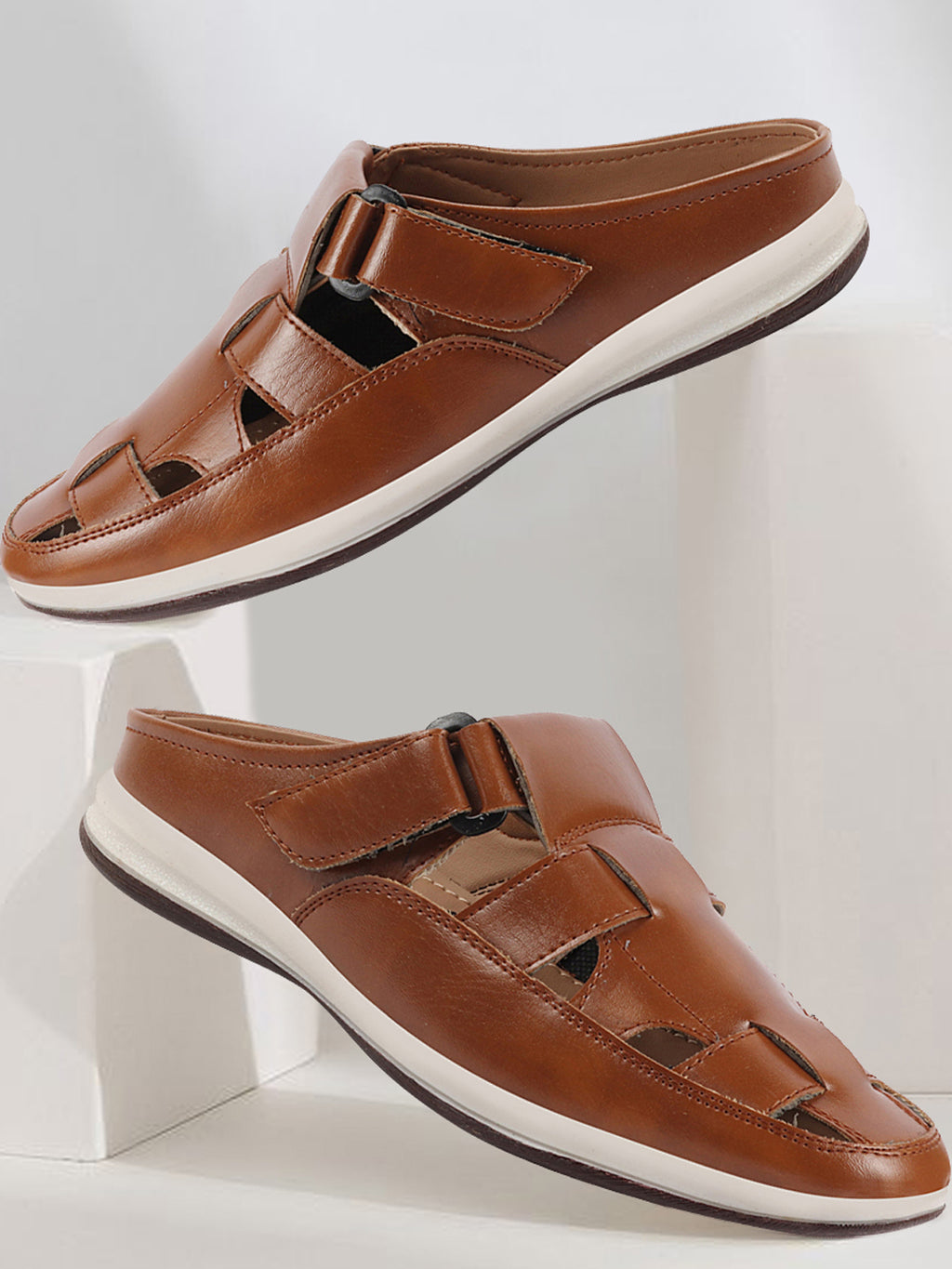 Shop Men Tan Laser Cut Design Multi Strap Back Open Perforated Hook and Loop Sandals Online.