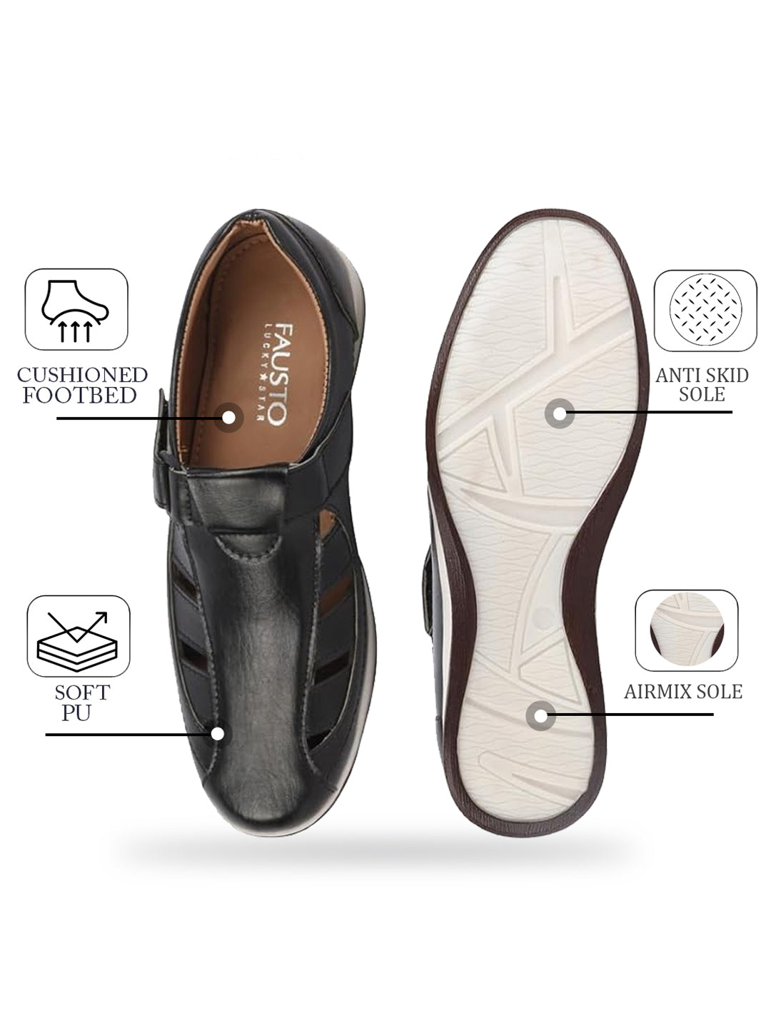 Shop Men Black Laser Cut Design Day Long Comfort Hook and Loop Casual Sandals Online.
