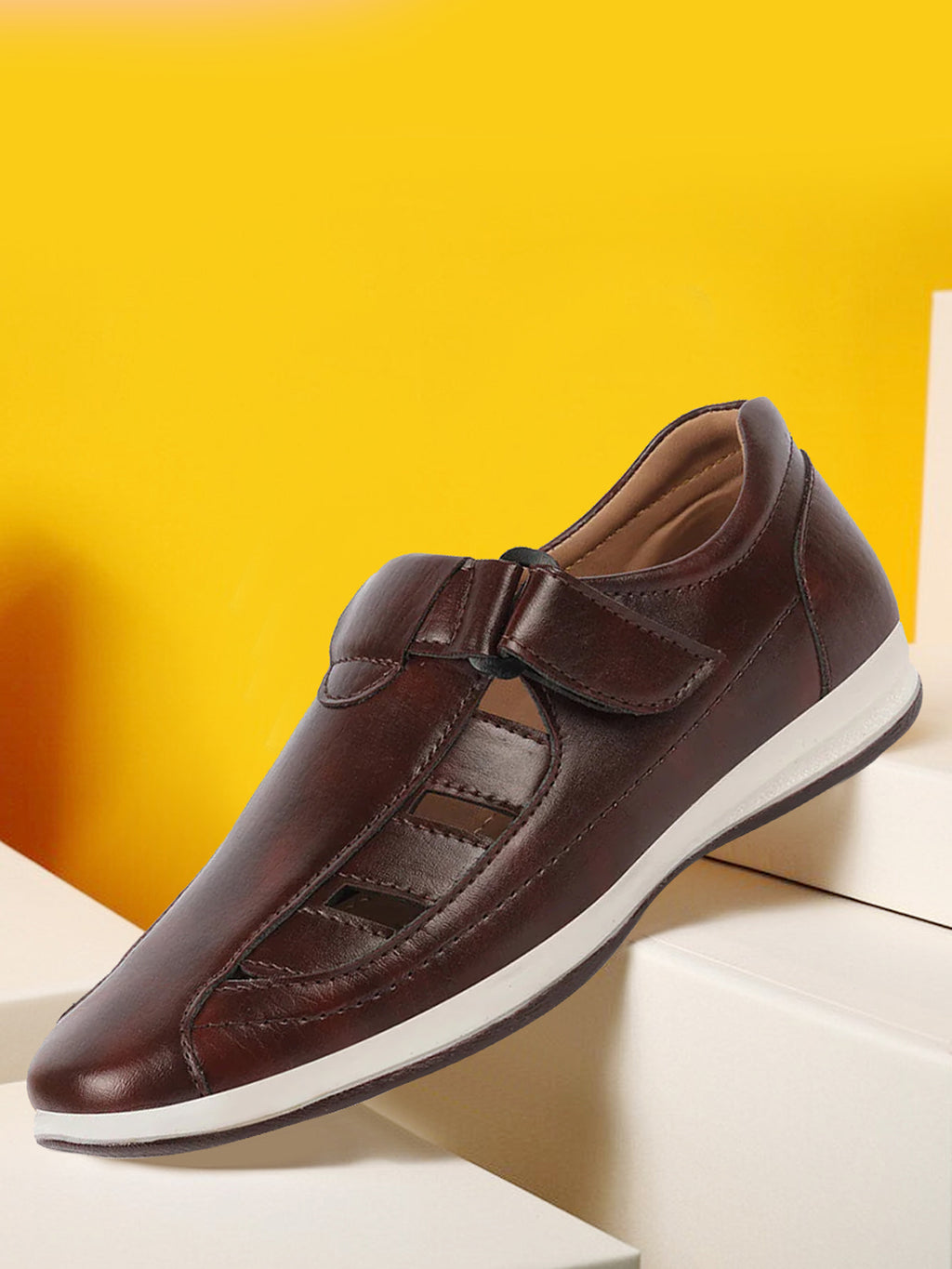 Shop Men Brown Laser Cut Design Day Long Comfort Hook and Loop Casual Sandals Online.