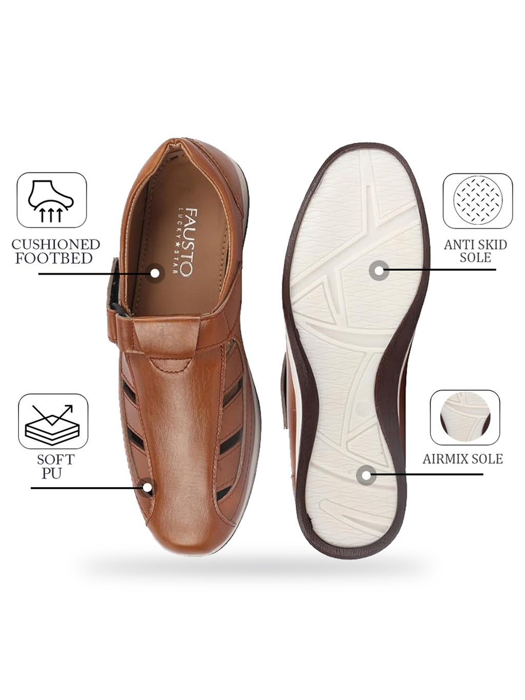 Shop Men Tan Laser Cut Design Day Long Comfort Hook and Loop Casual Sandals Online.