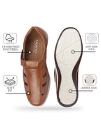 Shop Men Tan Laser Cut Design Day Long Comfort Hook and Loop Casual Sandals Online.