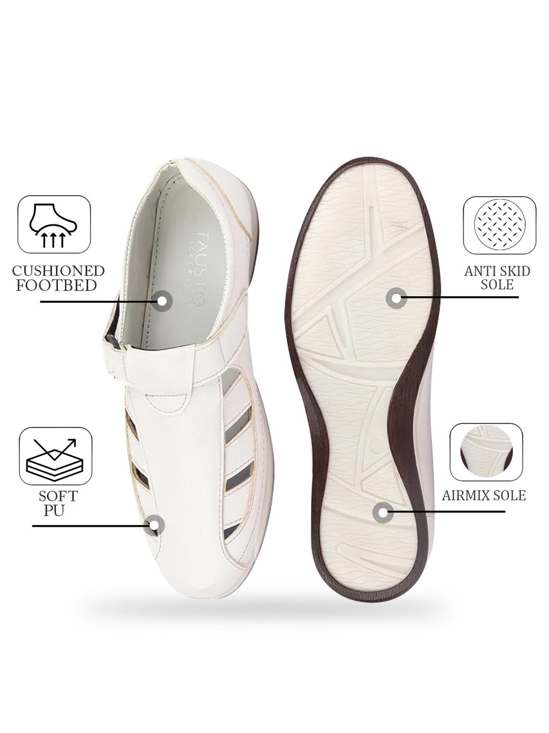 Shop Men White Laser Cut Design Day Long Comfort Hook and Loop Casual Sandals Online.
