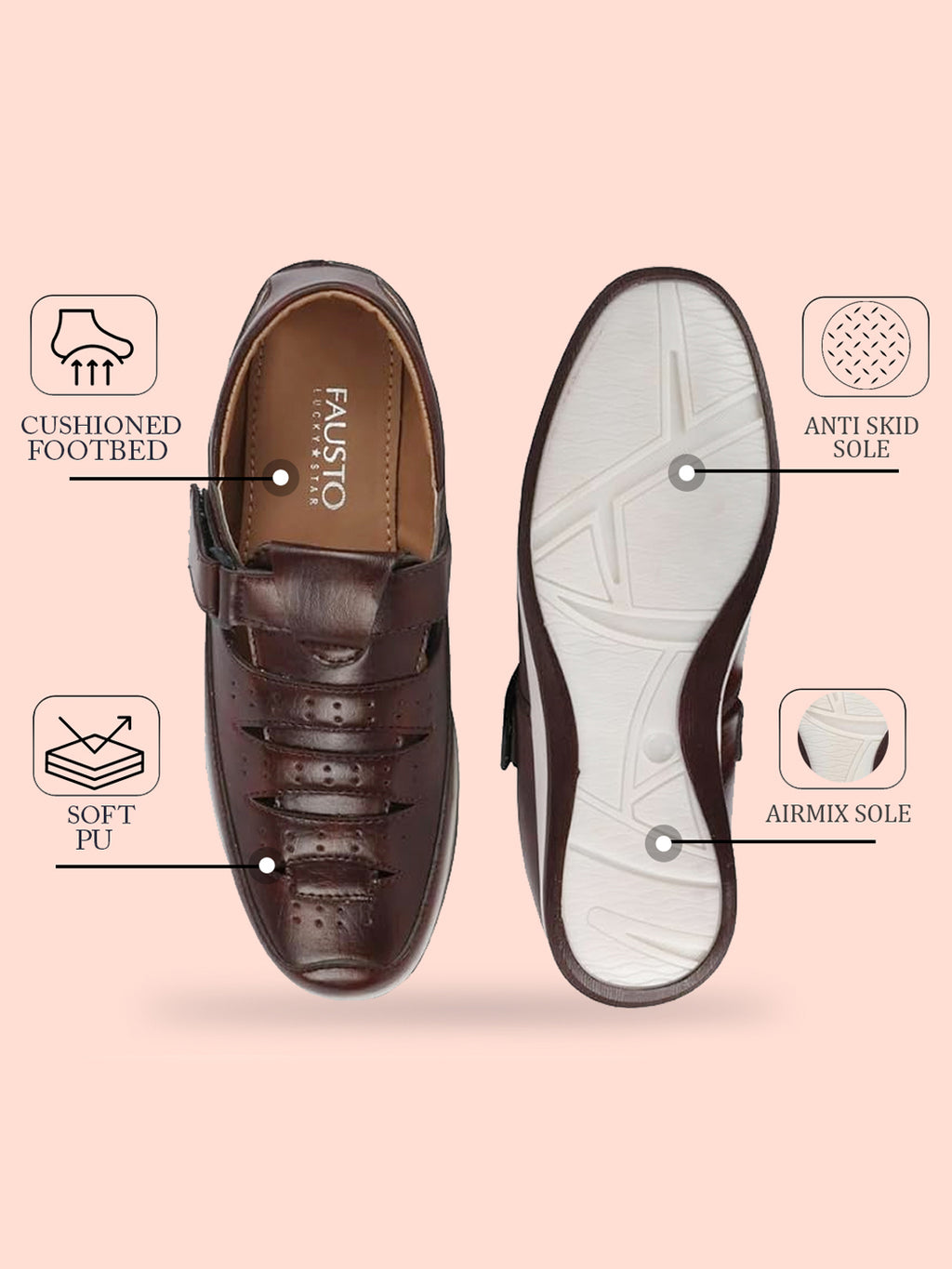 Shop Men Brown Laser Cut Perforated Shoe Style Roman Sandal with Buckle Strap Online.