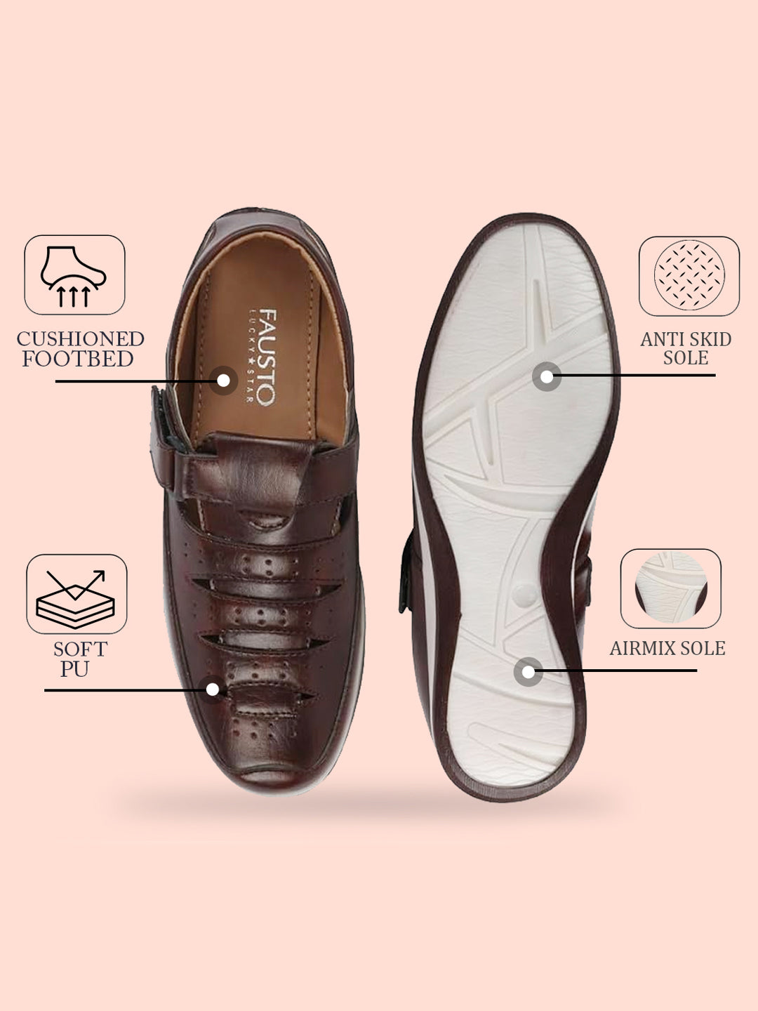 Shop Men Brown Laser Cut Perforated Shoe Style Roman Sandal with Buckle Strap Online.