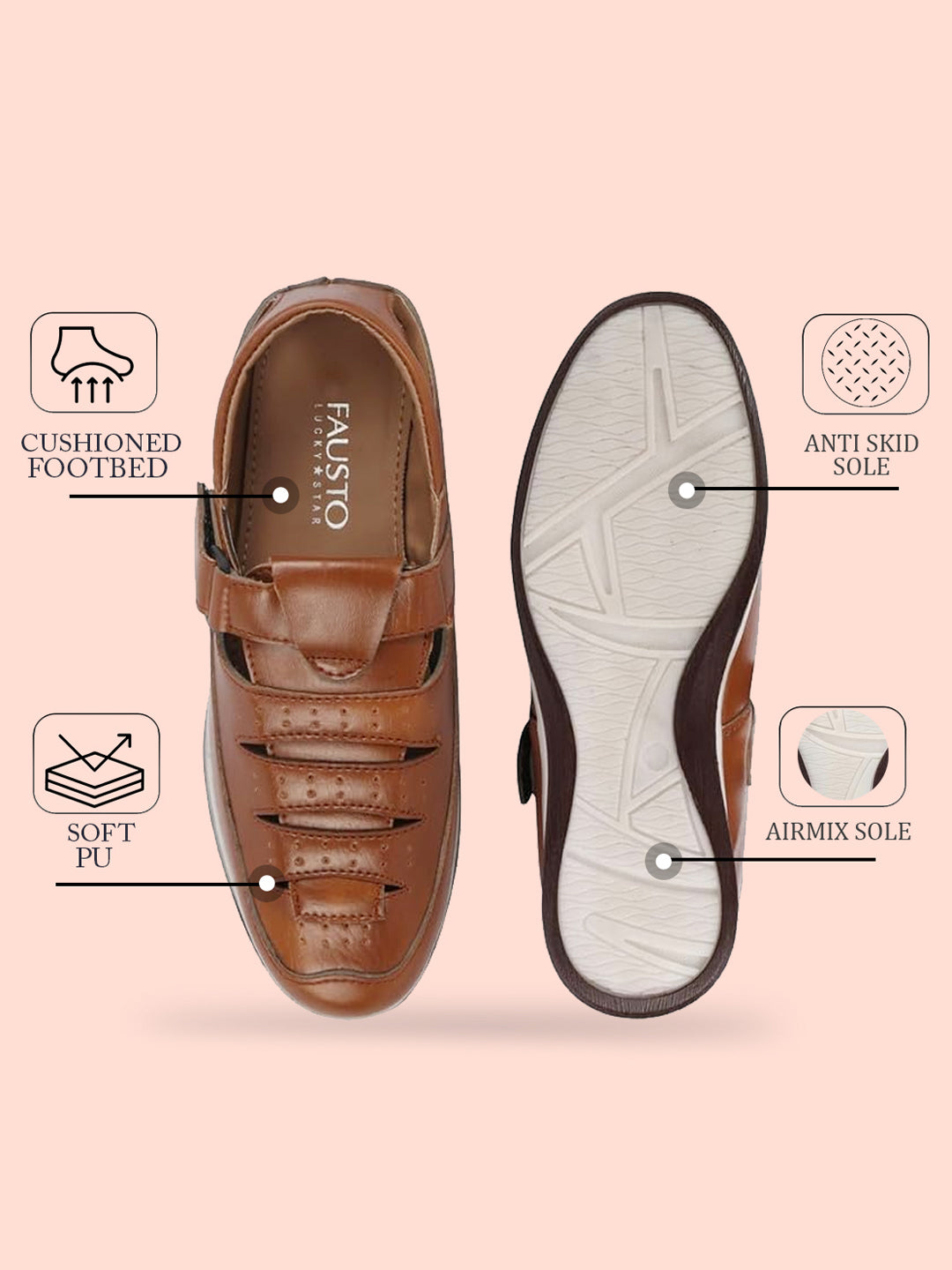 Shop Men Tan Laser Cut Perforated Shoe Style Roman Sandal with Buckle Strap Online.
