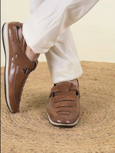 Men Tan Laser Cut Perforated Shoe Style Roman Sandal with Buckle Strap