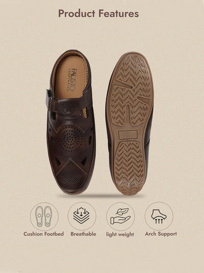 Men Brown Back Open Perforated Breathable Contrast Sole Casual Sandal|Adujstable Strap Stitched Slip On Sandal