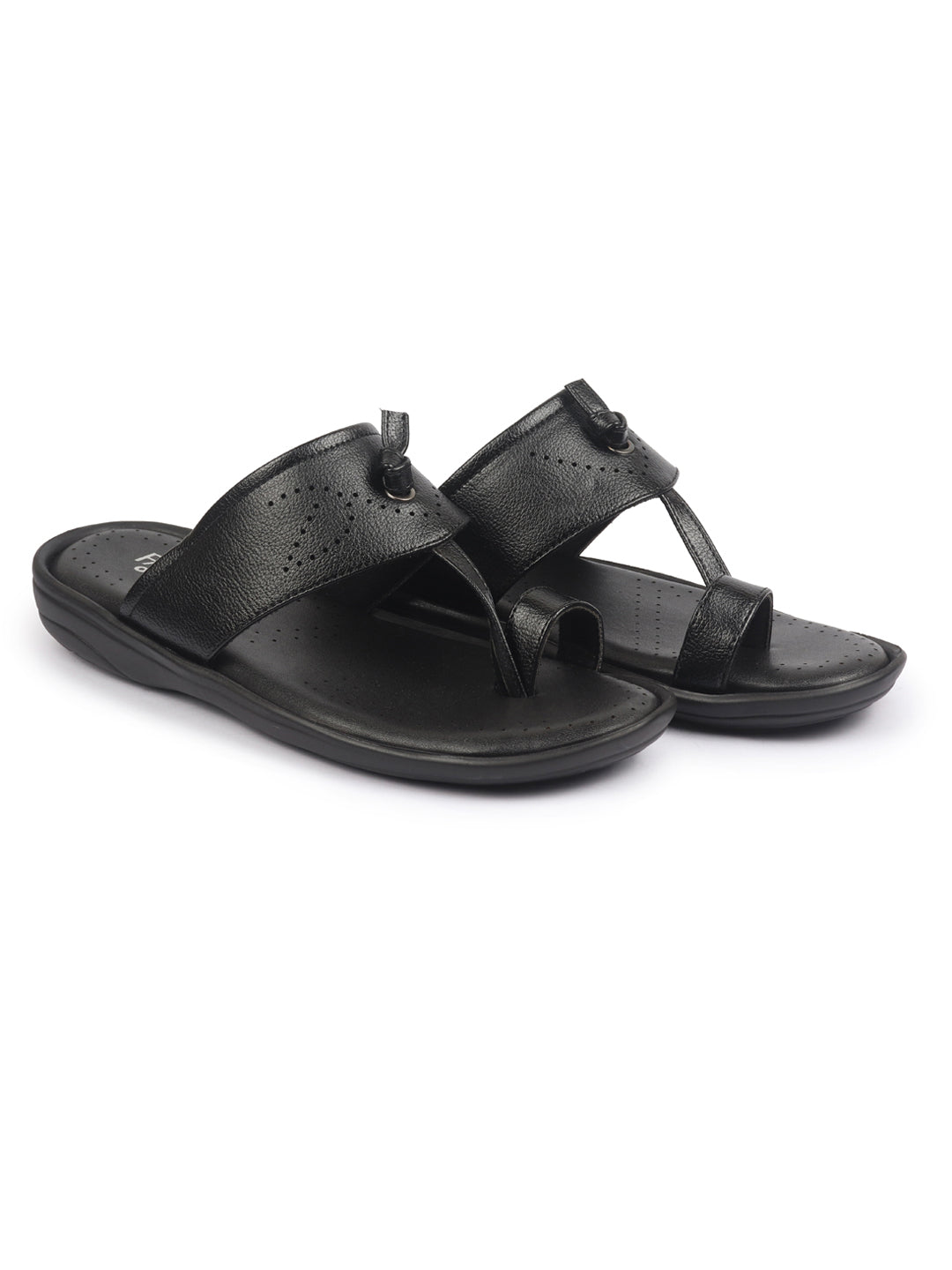 fausto men black toe ring kohlapuri slipper with cushioned footbed|multi strap slipper for evening