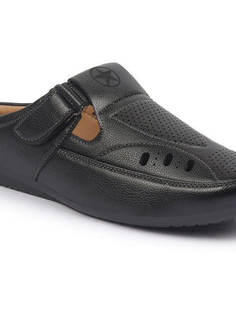 Shop FAUSTO Men Black Back Open Perforated Breathable Casual Sandal With Cushioned Footbed|Adujstable Strap Stitched Slip On Sandal For Work|Evening Online.