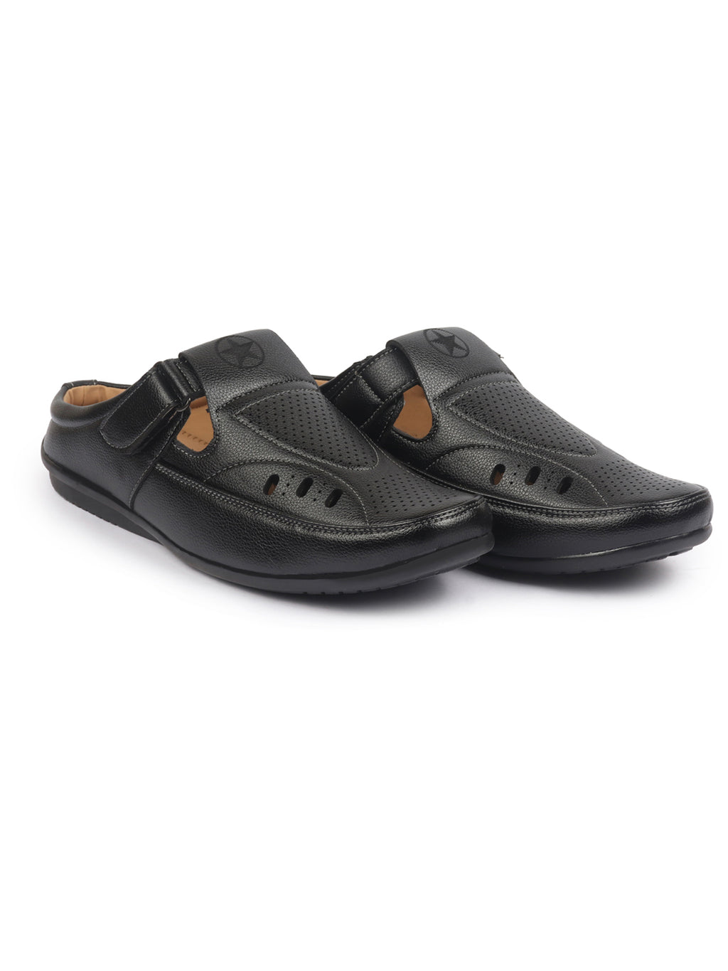 Shop FAUSTO Men Black Back Open Perforated Breathable Casual Sandal With Cushioned Footbed|Adujstable Strap Stitched Slip On Sandal For Work|Evening Online.